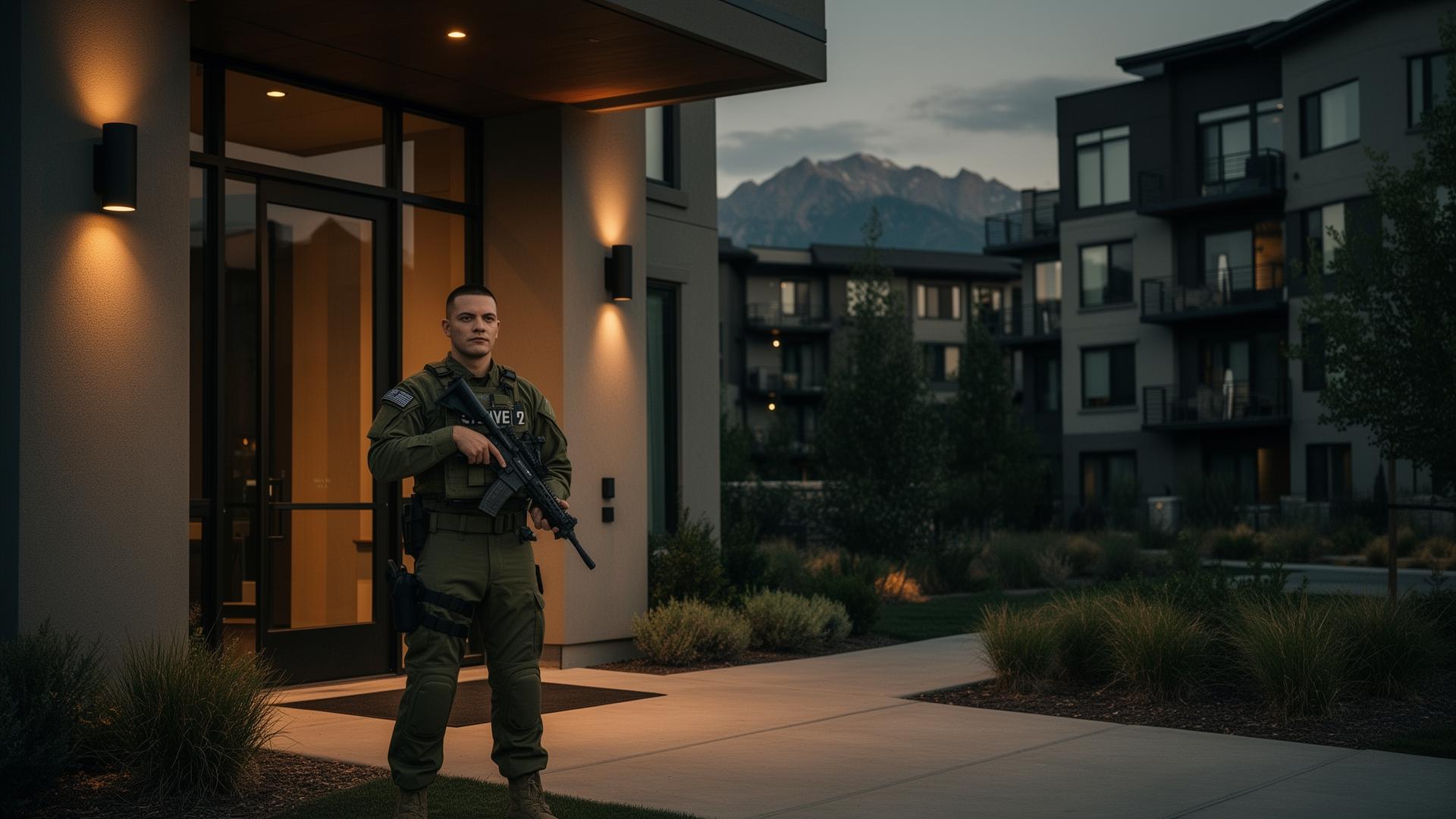Security guard at upscale apartment complex entrance in Colorado
